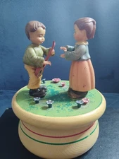 Vintage Thorens Movement Anri Boy & Girl Spinning Wheel Music Box