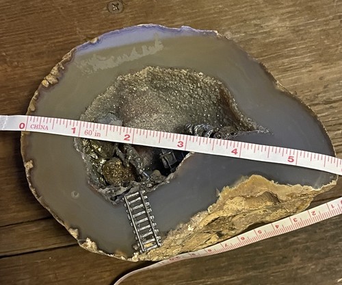 Achat Geode Mineral Kristall Bergwerk Figur mit Zinn Bergleute & Pyrit - Bild 5 von 5
