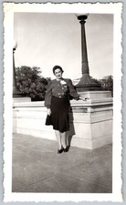 Vtg B&W Snapshot Woman in Belted Skirt And Jacket By Lamp Post 1941