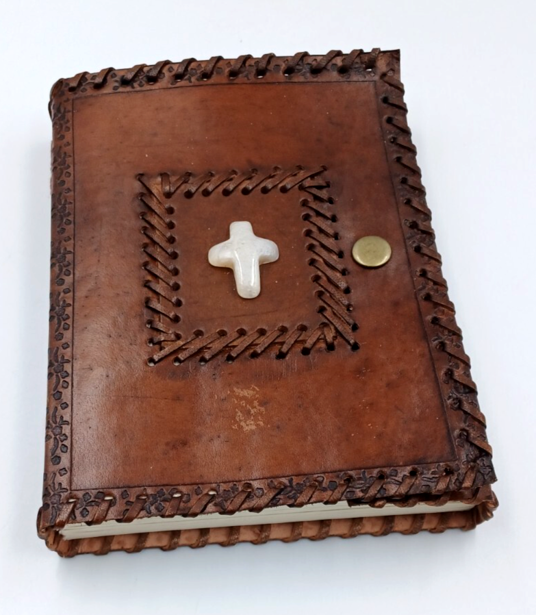 Leather journal with stone cross design and snap closure  -image