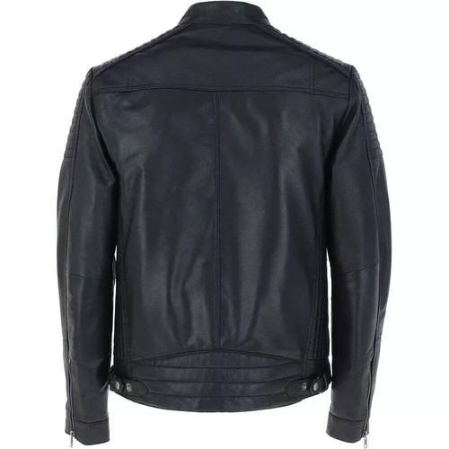 Giacca biker uomo pelle nera spalla trapuntata stile moto slim fit capospalla - Foto 4 di 5