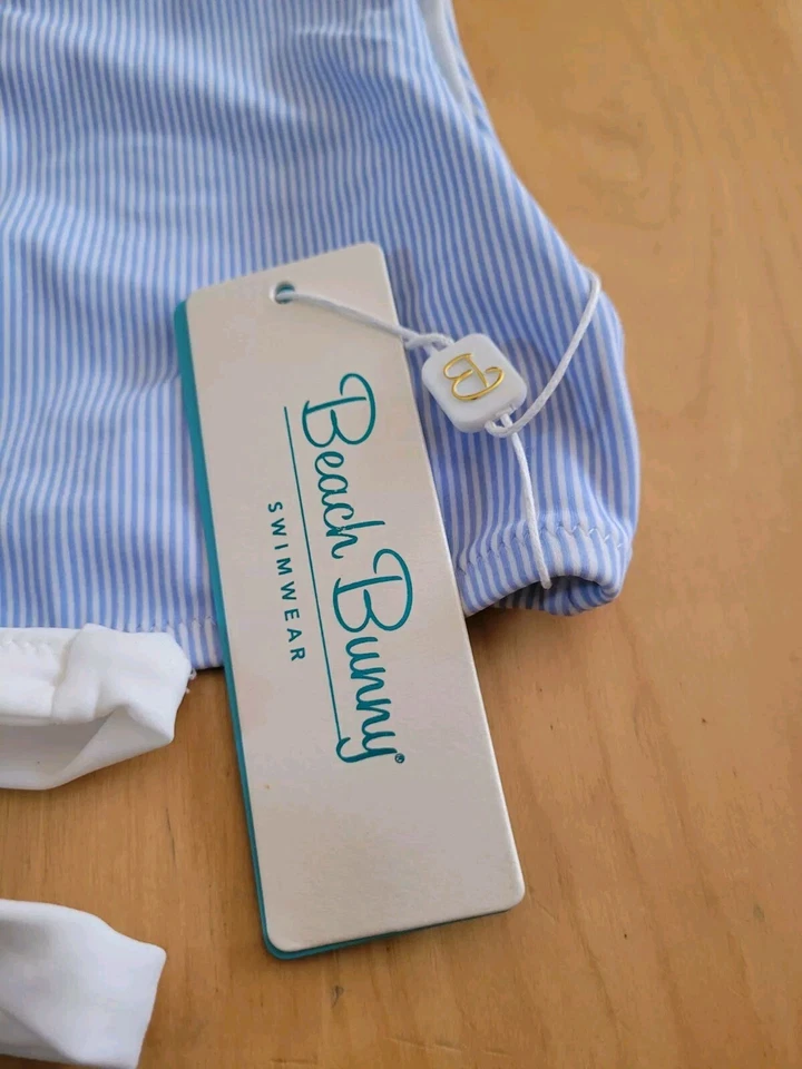 NUEVO CON ETIQUETAS BEACH BUNNY Lola Top Envolvente, Rayas Azules y Blancas, Corbata Frontal, Talla XXL Foto 4 de 4