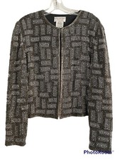 Papell Boutique Evening Silk Beaded Silver Gray Black Formal Trophy Jacket M