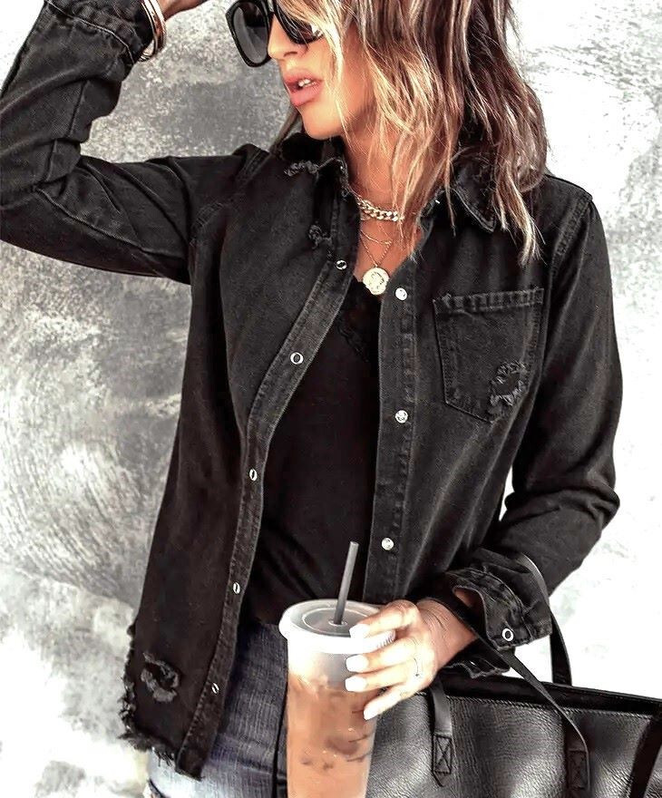 WOMEN'S DISTRESSED BLACK DENIM LONG SLEEVE COTTON SHIRT