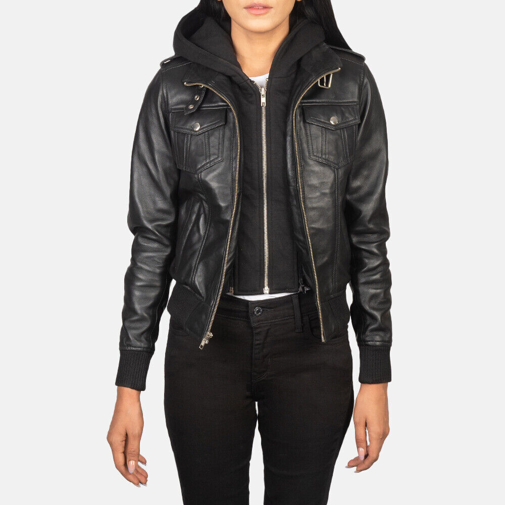 Women's Black Bomber Detachable Hooded Leather Jacket Moto Biker