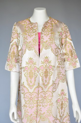 Vintage 1960s Pink Green Floral Satin Brocade Maxi Party Prom Dress Coat Set XS - Picture 8 of 10