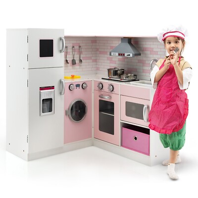 Kids Corner Kitchen Playset Pretend Wooden Play Kitchen Toy W/ Apron Chef  Hat UK - Main Image