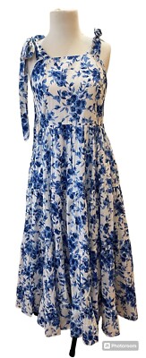 NWT Mille Daphne Blue Bouquet Floral Midi Dress Sz S Tie Shoulder Packets