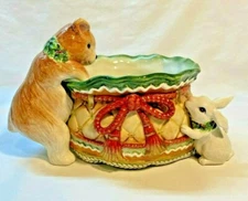 Fitz and Floyd Winter Holiday Santa Bear and Bunny Tidbit Dish With Original Box