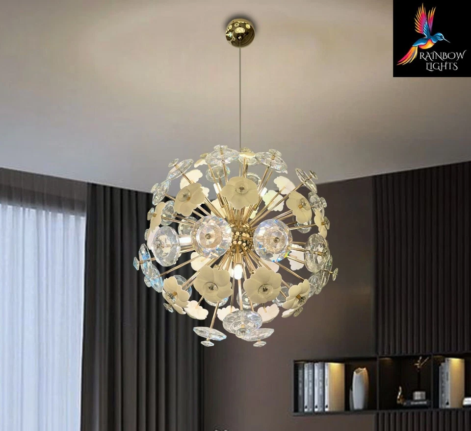 Crystal and Ceramic White Flowers Dandelion-Shaped Sputnik Chandelier - Image 4 of 4