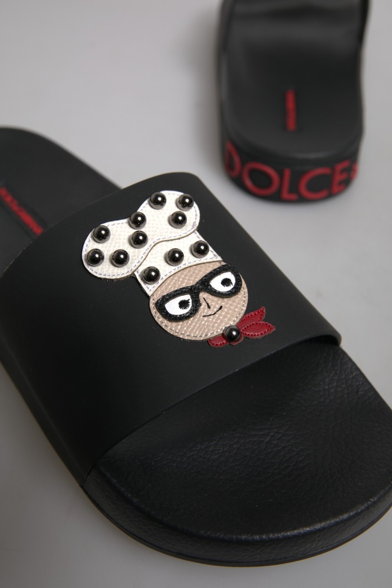 DOLCE & GABBANA Shoes Black Leather Slides Sandals Beachwear