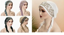 Elastic Embroidered Turban Pullover Poly Cap w/Tie Back Tails Choice of Colors