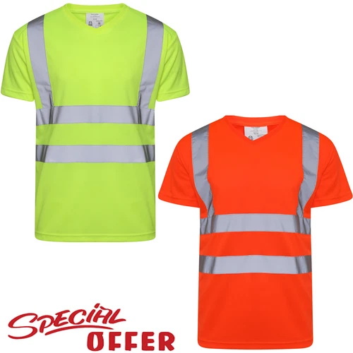 HI VIZ VIS HIGH VISIBILITY V NECK REFLECTIVE TAPE SAFETY SECURITY WORK TEE TOPS