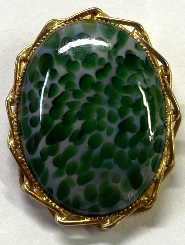 Vintage Beautiful Large 1.75" Jade-Enamel Glass Cabochon Brooch