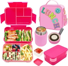 Pink Lunch Box for Girls with 10Oz Thermo, with 6 Compartment Bento Box, Nylon I