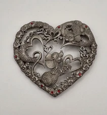 RAWCLIFFE PEWTER 1989 MICE & HEARTS Potpourri JAR LID with Red Stones 3-3/4" W