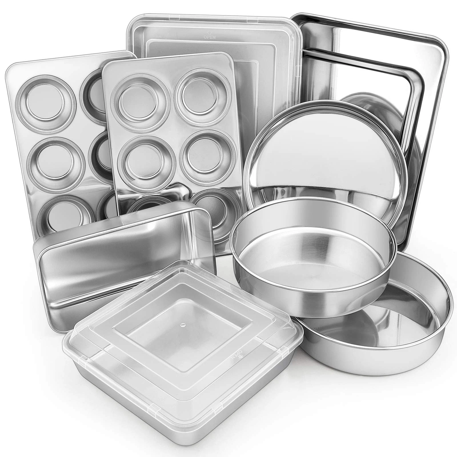 E-far 12-Piece Stainless Steel Bakeware Sets, Metal Baking Compact, Silver