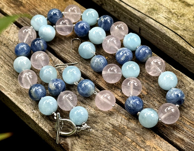 Schmuckset Kette Ohrringe natürlicher Aquamarin Rosenquarz kyanit