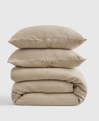 NWOT Quince FULL QUEEN Airy Gauze Duvet Cover Set Organic Cotton 2 Shams Dune