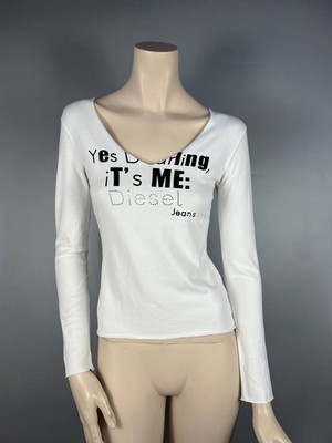Vintage Diesel Y2K White V-Neck Long Sleeve Top Women s Size S Slim Fit