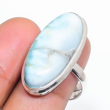 Caribbean Larimar Oval Shape Gemstone Adjustable Ring Handmade Jewelry FR 1213