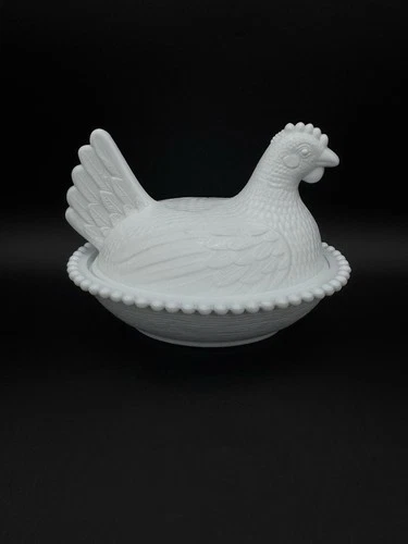 Indiana Glass Milk Glass Hen on Nest 7” Beaded Rim Vintage Cottage Farmhouse