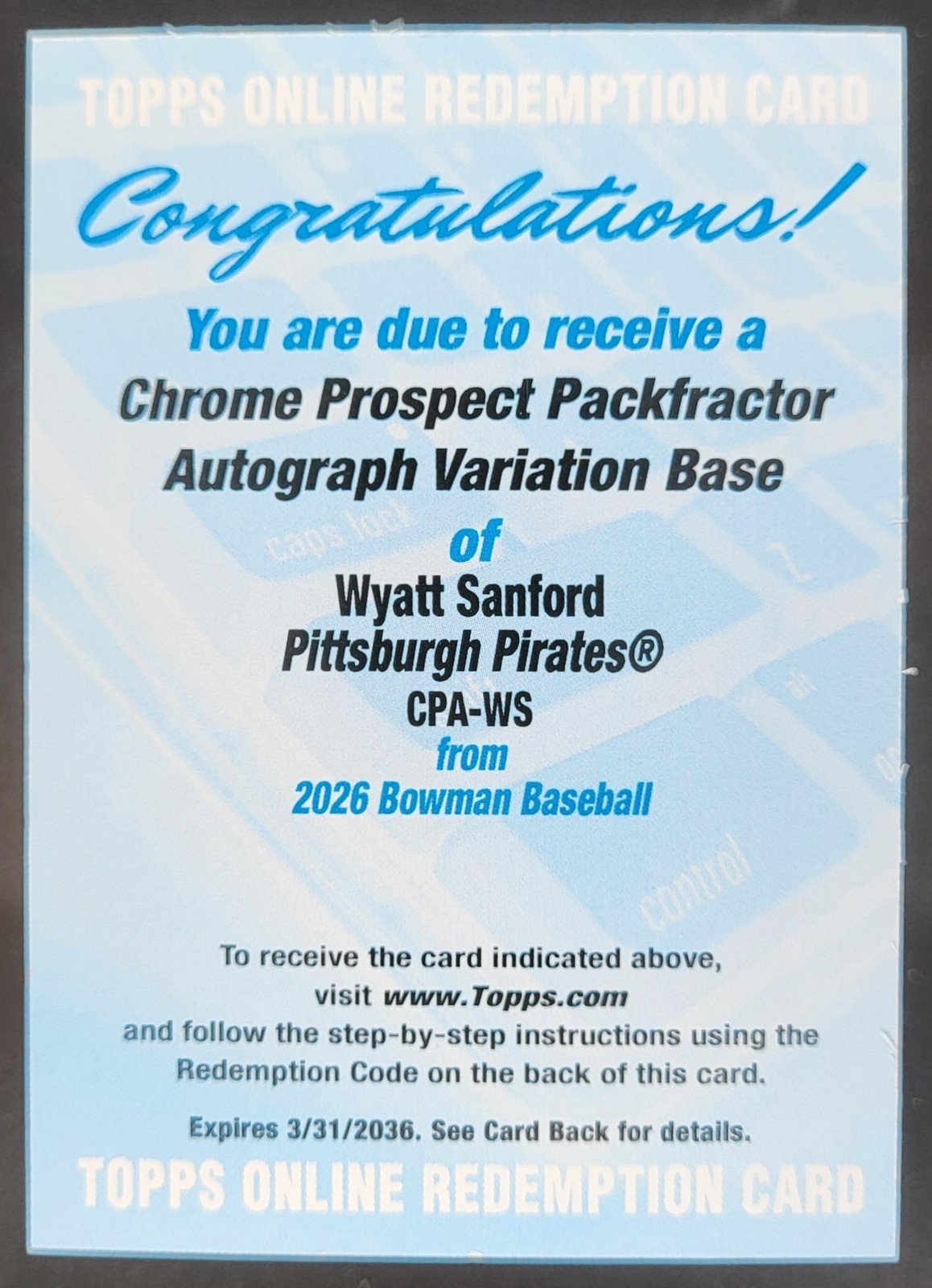 2026 Bowman Wyatt Sanford Chrome Auto PackFractor Var /89 SP 1st Pirates MS10