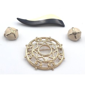 Givenchy Vintage Gold Tone Enamel Brooches and Clip-On Earrings Jewelry Set Lot