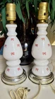 Vintage Pair of  Milk Glass Table Lamps 11” Pink Ribbons Girls Room MCM