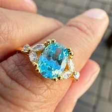 925 Sterling Silver Ring 6x4mm Natural Aquamarine Gemstone Zircon Jewelry Blue