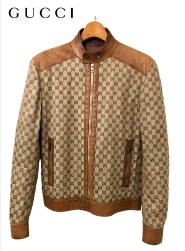 Giacca biker vintage Gucci tela GG pelle di vitello giacca pelle uomo taglia 46