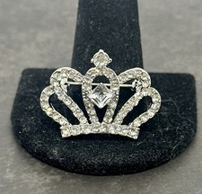 Sparkling Crystal Crown Tiara Silver Tone Brooch Pin Elegant Rhinestone Princess