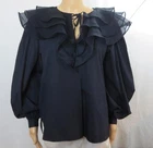 Escada Blue Blouse Ruffled Organza Collar Long Sleeves Cuffs Tie Front SZ EU 42