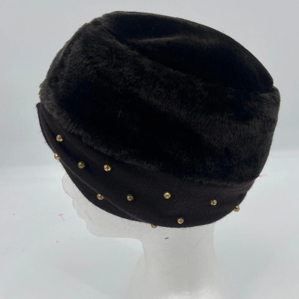 复古 60 年代人造毛皮头巾女式帽子金色耳钉 Jackie O Mad 男式复古 Glam Brown — 第 4/4 张图片