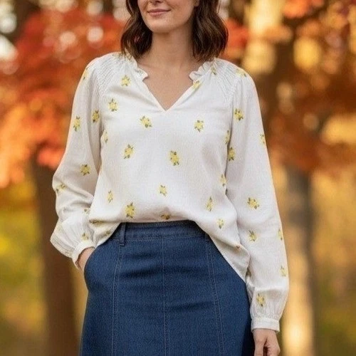 Vero Moda White Floral Peasant Blouse Womens XL Long Sleeve Ruffle Neck Boho Top