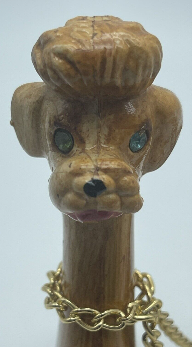 Vintage Faux Wooden Poodle w/Blue Eyes & her 2 Pups Connected w