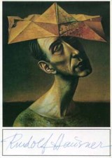 Rudolf Hausner (+) Austrian painter autograph, signed art postcard