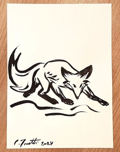 CHRIS ZANETTI Original Ink Sketch Drawing Minimalist FOX Wildlife Art 8x6 Signed - Picture 1 of 6