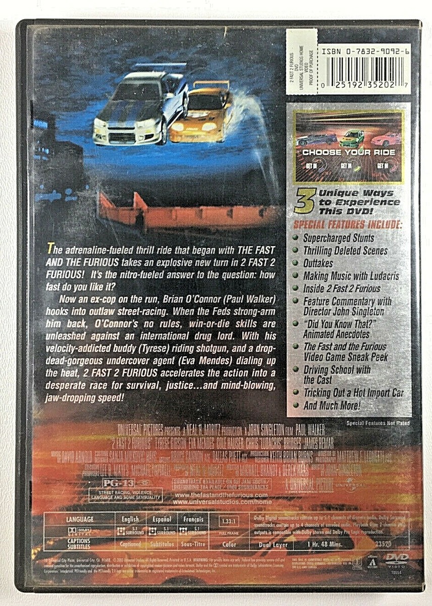 2 Fast 2 Furious (DVD, 2003, Full Screen) Paul Walker, Tyrese, Eva