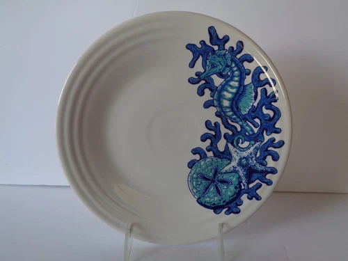 Fiesta Coastal Seahorse Starfish Sand Dollar White Luncheon Plate 9" Diameter