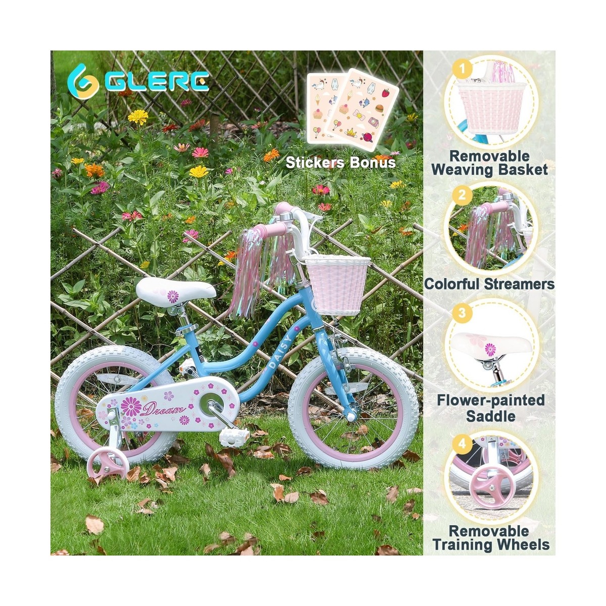 Glerc Daisy 12 14 16 Inch Girl Princess Style Bike for 2-7 Years