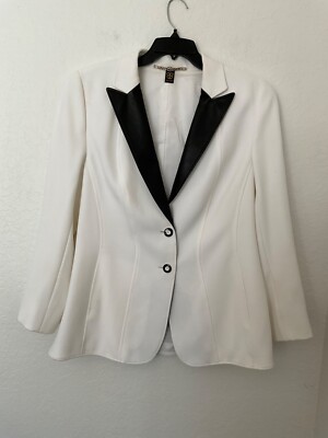 Basler Womens White Stretch Blazer Coat With Black Satin Lapel Size 40- Large