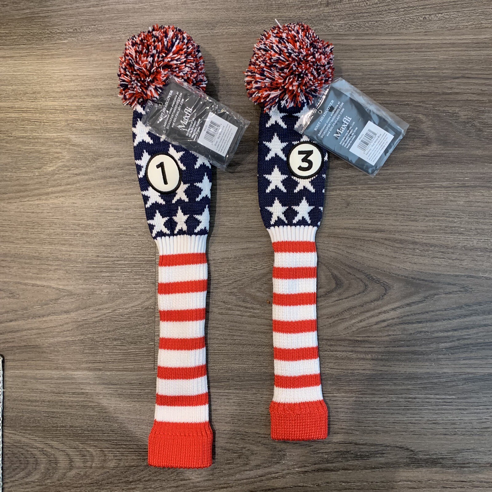 Maxfli 1 Driver3 Fairway Knit USA Flag Pom Pom Golf Club Head Covers