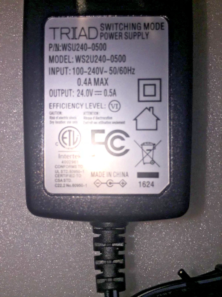24 Volt 0.5 Amp A/C Adapter; 6' cord 5.5mm conn; WSU240-0500; 100-240V; 50-60Hz - Image 2 of 4