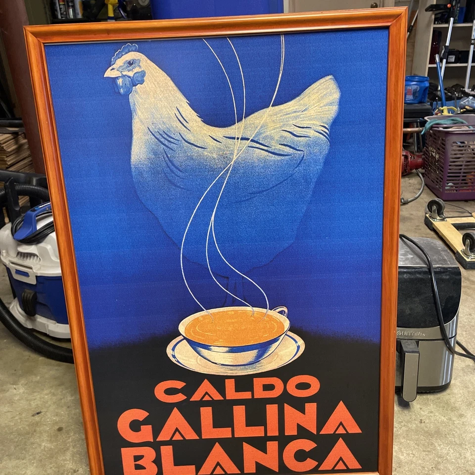 SOPA DE POLLO COMIDA RECONFORTANTE CALDO GALLINA BLANCA ESPAÑA CARTEL ENMARCADO EN MADERA 26”x38” Foto 2 de 4