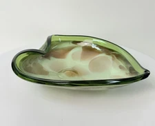 Vintage Murano Style Venetian Heart Shape Green Glass Heavy Bowl w/ Gold Glitter