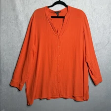 Eileen Fisher Shirt Womens XL 100% Silk Button Down V-Neck Side Slits Orange
