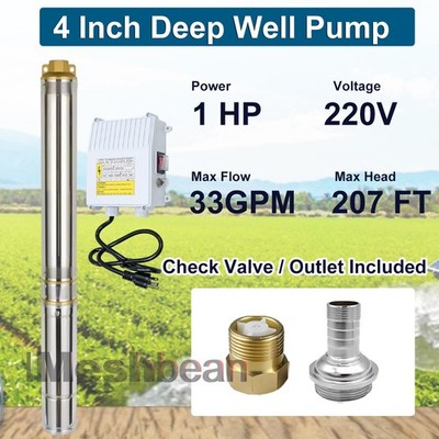 1HP 4'' Deep Well Submersible Pump 220V 33GPM 207' Max Stainless Steel 100' Cord