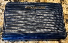 Michael Kors Zip Around Card Case Blue Leather 5x3x1