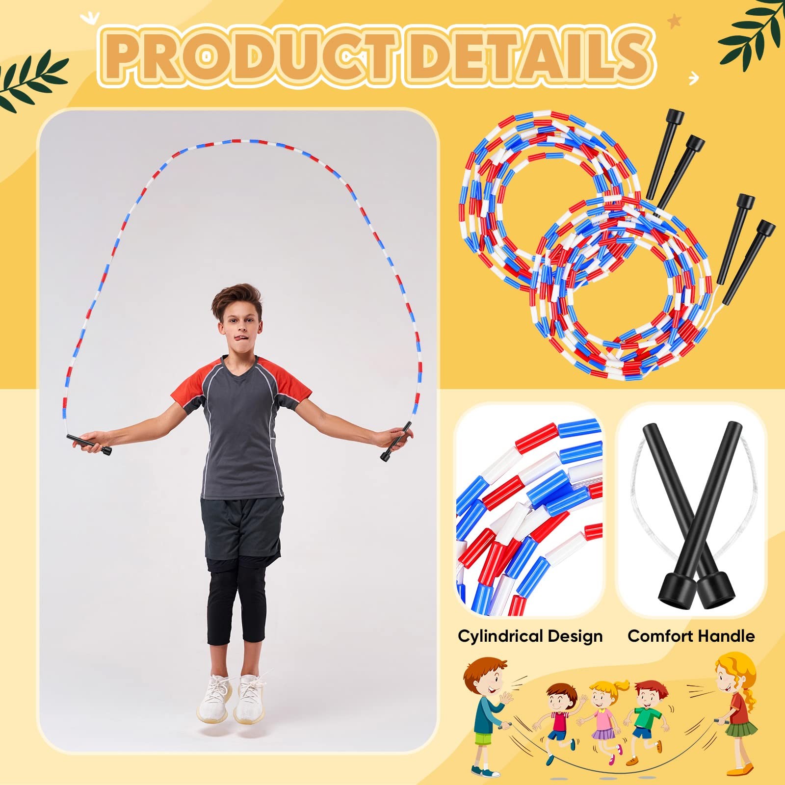 3 Pcs 16-foot Double Dutch Jump Ropes Bulk Segmented Skipping Colorful Beaded...